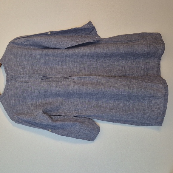 CP Shades 100% Linen Chambray Pintucked Mini Dress Sleeve Tabs V Neck - Picture 2 of 6